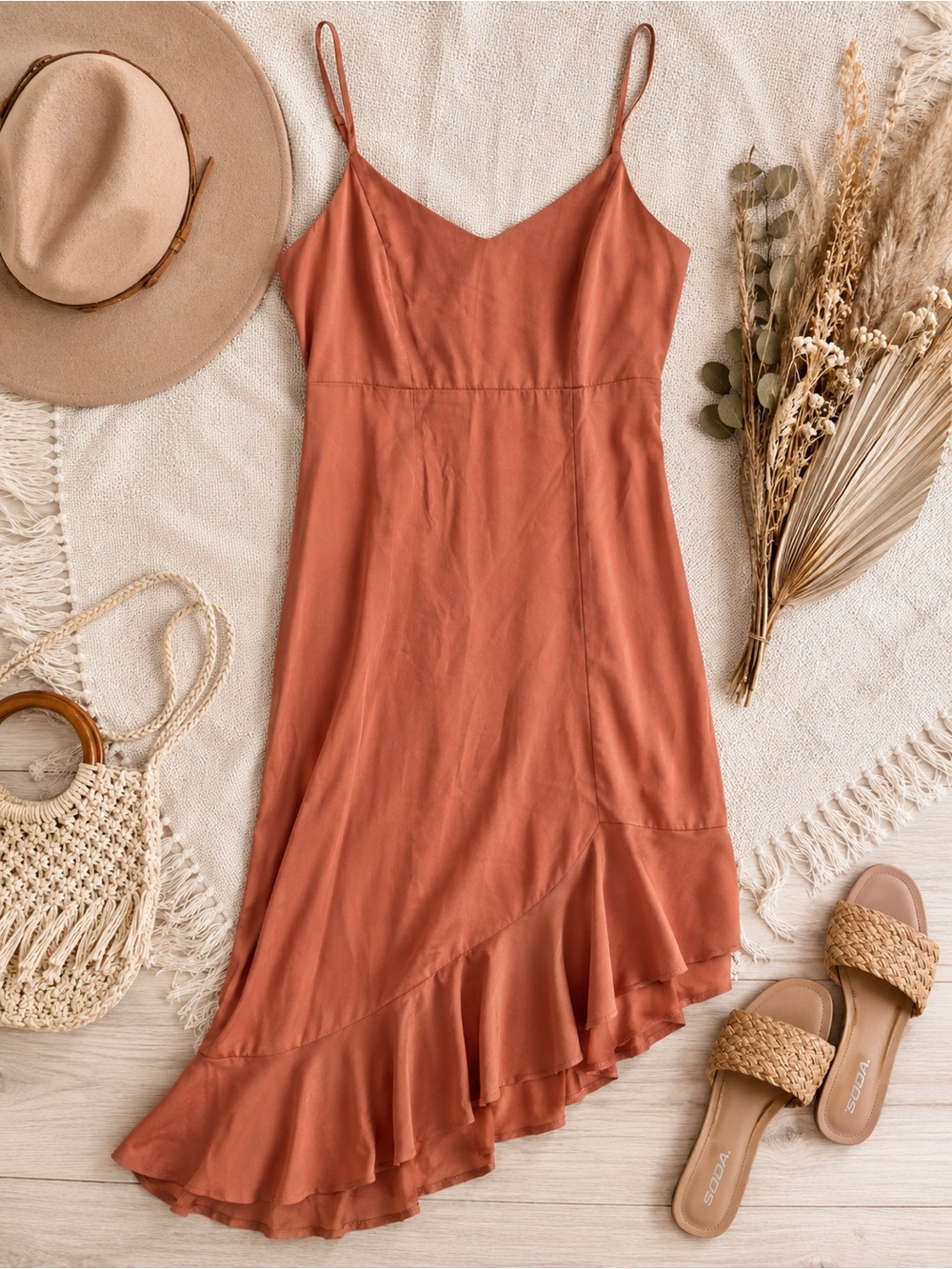 Kori Terra Cotta Asymmetrical Slip Dress